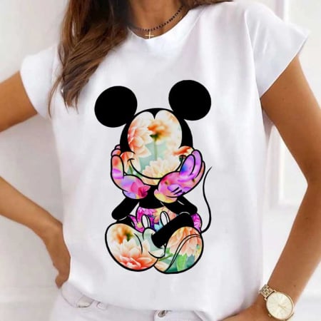 Tricouri Flori - Tricou Dama Alb Floral Mickey