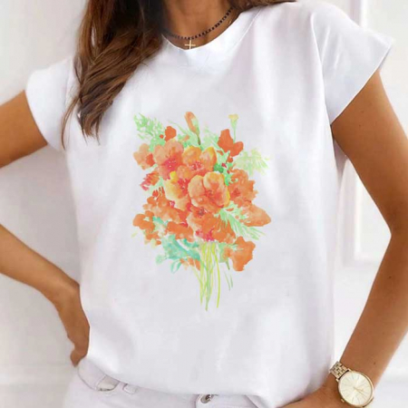 Tricouri Flori - Tricou Dama Alb Flowers Paint