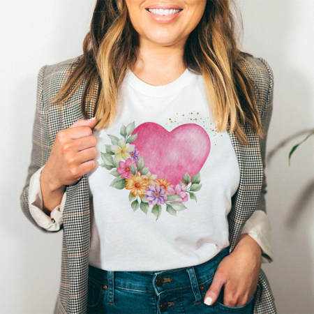 Femei - Tricou Dama Alb Pink Heart Flowers