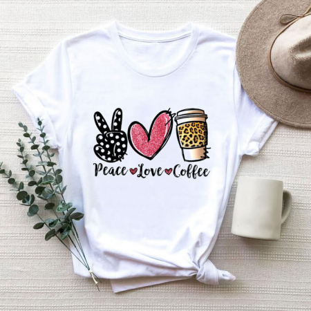Tricouri Coffee - Tricou Dama Alb Peace Love Coffee