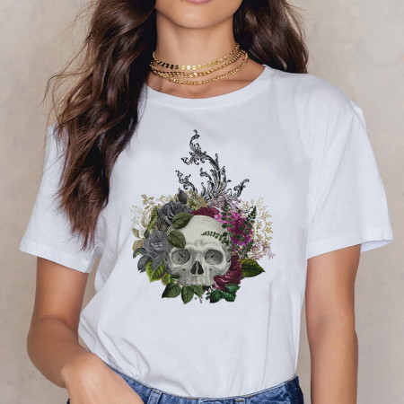 Tricouri Skull - Tricou Dama Alb Skull Of Flowers