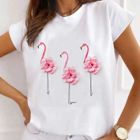 Tricouri Flori - Tricou Dama Alb Flamingo Flowers