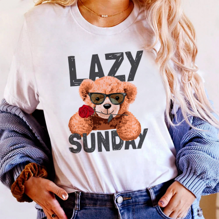 Tricouri Teddy - Tricou Dama Alb Lazy and sweet