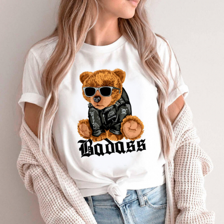 Tricouri Teddy - Tricou Dama Alb Teddy Bear Badass