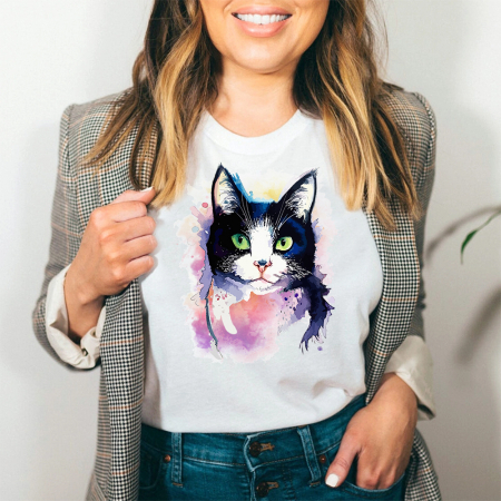 Femei - Tricou Dama Alb Watercolor Black Cat