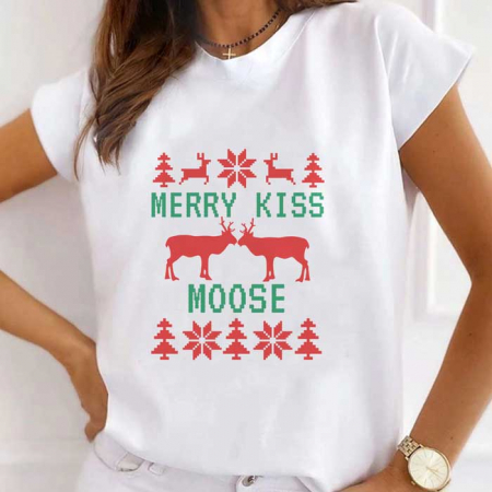 Tricouri X-mas - Tricou Dama Alb Merry Kiss Moose