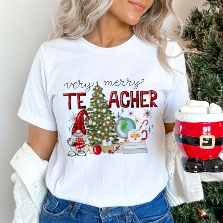 Tricouri X-mas - Tricou Dama Alb Merry Teacher Gnome