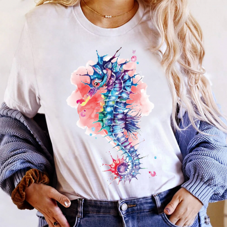 Femei - Tricou Dama Alb Seahorse Watercolor