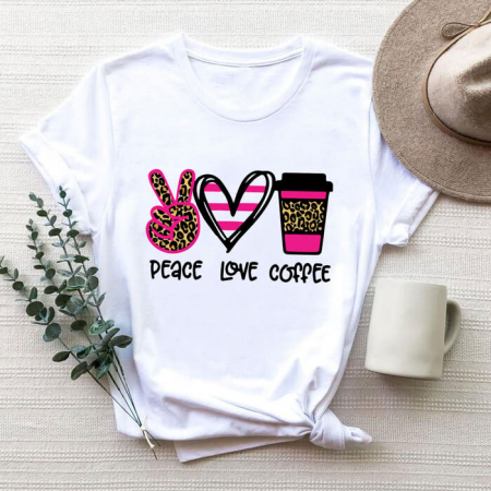 Femei - Tricou Dama Alb Peace Love Coffee (Pink)