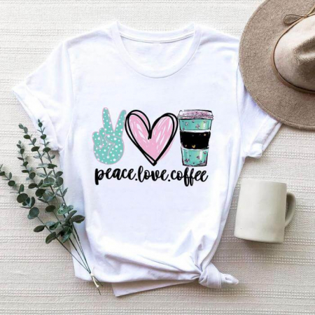 Tricouri Coffee - Tricou Dama Alb Peace Love Coffee (Green)