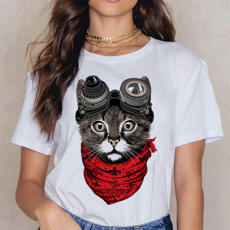 Femei - Tricou Dama Alb Steampunk Cat