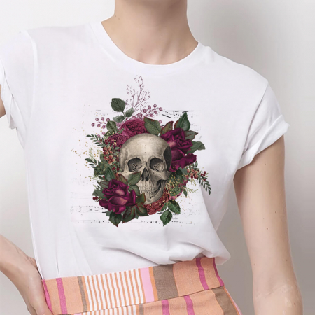Tricouri Skull - Tricou Dama Alb Skull Of Rose