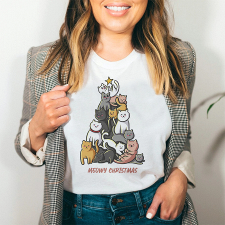 Tricouri X-mas - Tricou Dama Alb Cat Meowy Christmas Tree