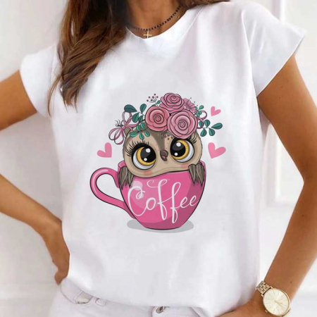 Femei - Tricou Dama Alb Pink Coffee Owl
