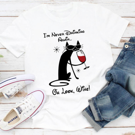 Femei - Tricou Dama Alb Wine Drinking Cat