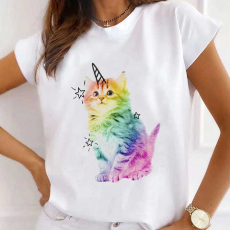 Femei - Tricou Dama Alb Unicorn Cat