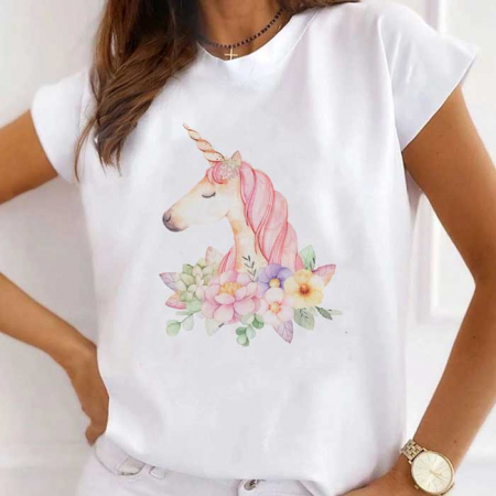 Femei - Tricou Dama Alb Unicorn Flowers
