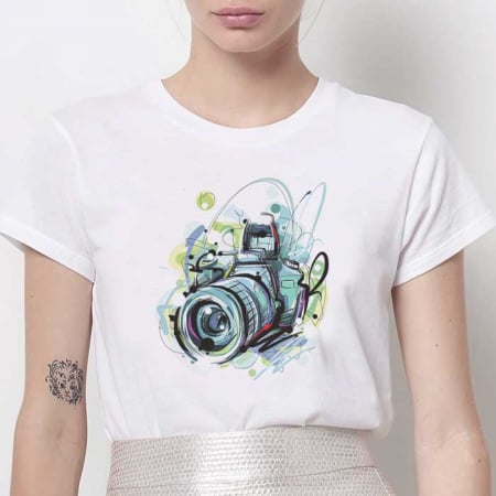 Tricouri Abstract - Tricou Dama Alb Watercolor Camera