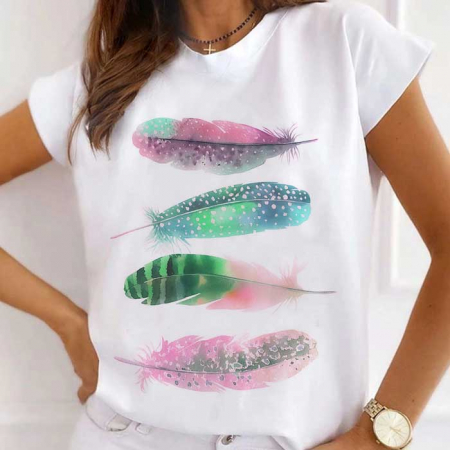 Tricouri Diverse - Tricou Dama Alb Colorful Feathers