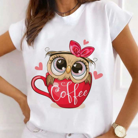 Femei - Tricou Dama Alb Red Coffee Owl