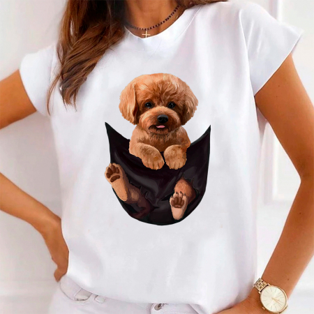 Tricouri Caini - Tricou Dama Alb Poodle
