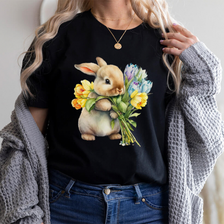 Tricouri Paste - Tricou Dama Negru Bunny Flowers