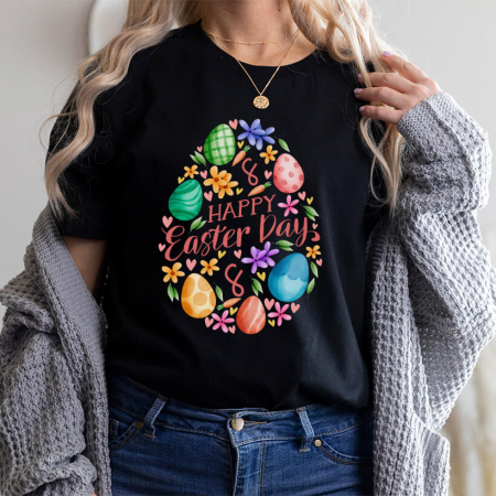 Tricouri Paste - Tricou Dama Negru Happy Easter Day