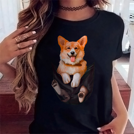Tricouri Caini - Tricou Dama Negru Corgi