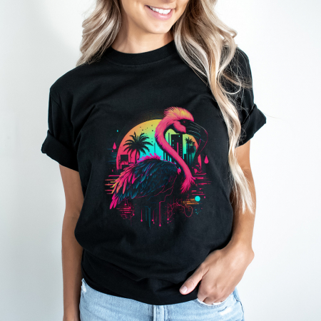 Femei - Tricou Dama Negru Flamingo Splash