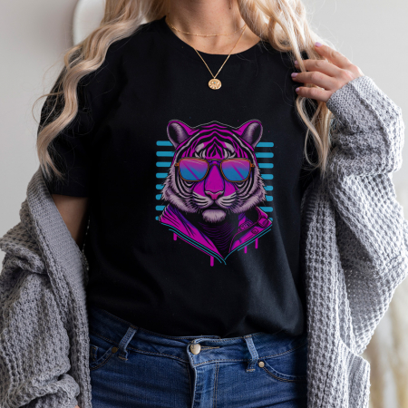 Femei - Tricou Dama Negru Retrowave Tiger