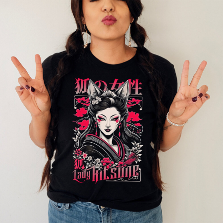 Tricouri Tattoo - Tricou Dama Negru Lady Kitsune