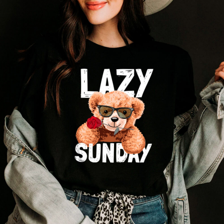 Tricouri Teddy - Tricou Dama Negru Lazy and sweet