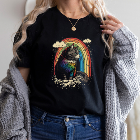 Femei - Tricou Dama Negru Rainbow Cat