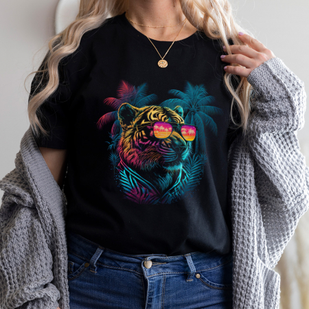 Femei - Tricou Dama Negru Retro Cool Tiger