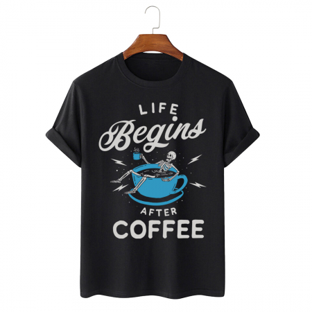 Tricouri Cu Mesaj - Tricou Unisex Negru Life Begins After Coffee