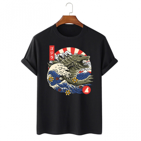 Tricouri Fantasy - Tricou Unisex Negru Great Wave Monster