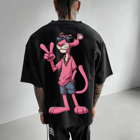 Tricouri Oversize - Tricou Negru Oversize Big Pink Panther