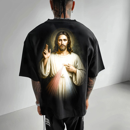 Religious - Tricou Negru Oversize Divine Mercy
