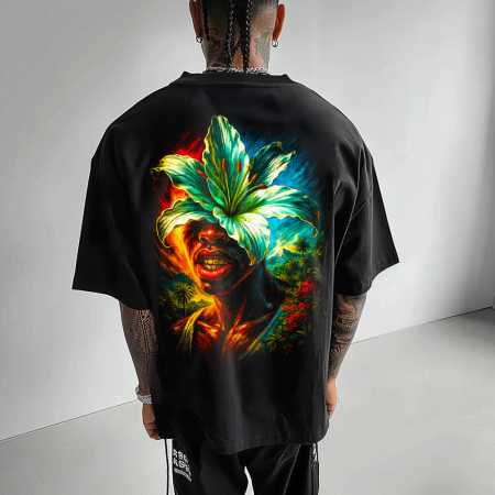 Rock - Tricou Negru Oversize Tropical