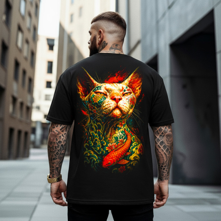 Tricouri Oversize - Tricou Negru Oversize Tatoo Gato