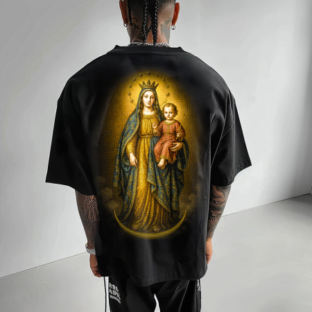 Religious - Tricou Negru Oversize Divine Mother and Child