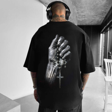 Religious - Tricou Negru Oversize Dramatic Rosary