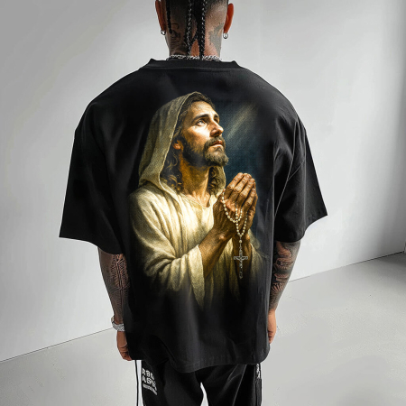 Religious - Tricou Negru Oversize Divine Prayer Portrait