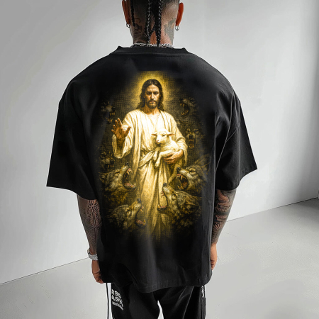 Religious - Tricou Negru Oversize Divine Protection