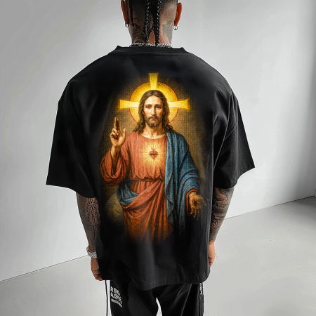 Religious - Tricou Negru Oversize Holy Christ with Stigmata