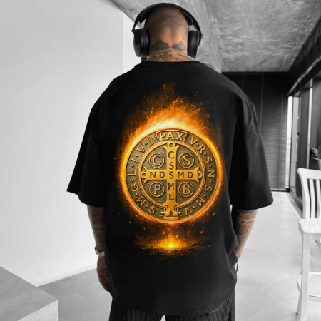 Religious - Tricou Negru Oversize Medalha Sagrada