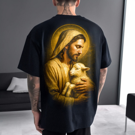 Religious - Tricou Negru Oversize Good Shepherd