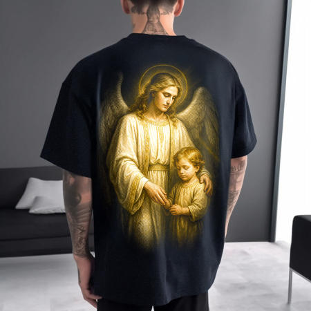 Religious - Tricou Negru Oversize Guardian Angel