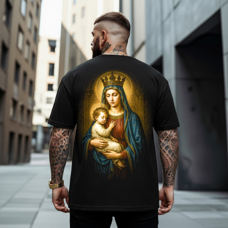 Religious - Tricou Negru Oversize Mary and Child Majesty