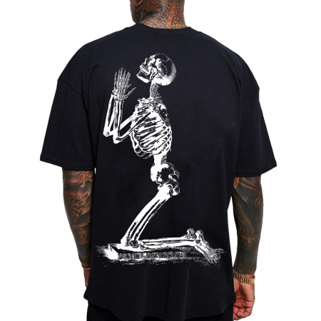 Tricouri Oversize - Tricou Negru Oversize Praying Skeleton